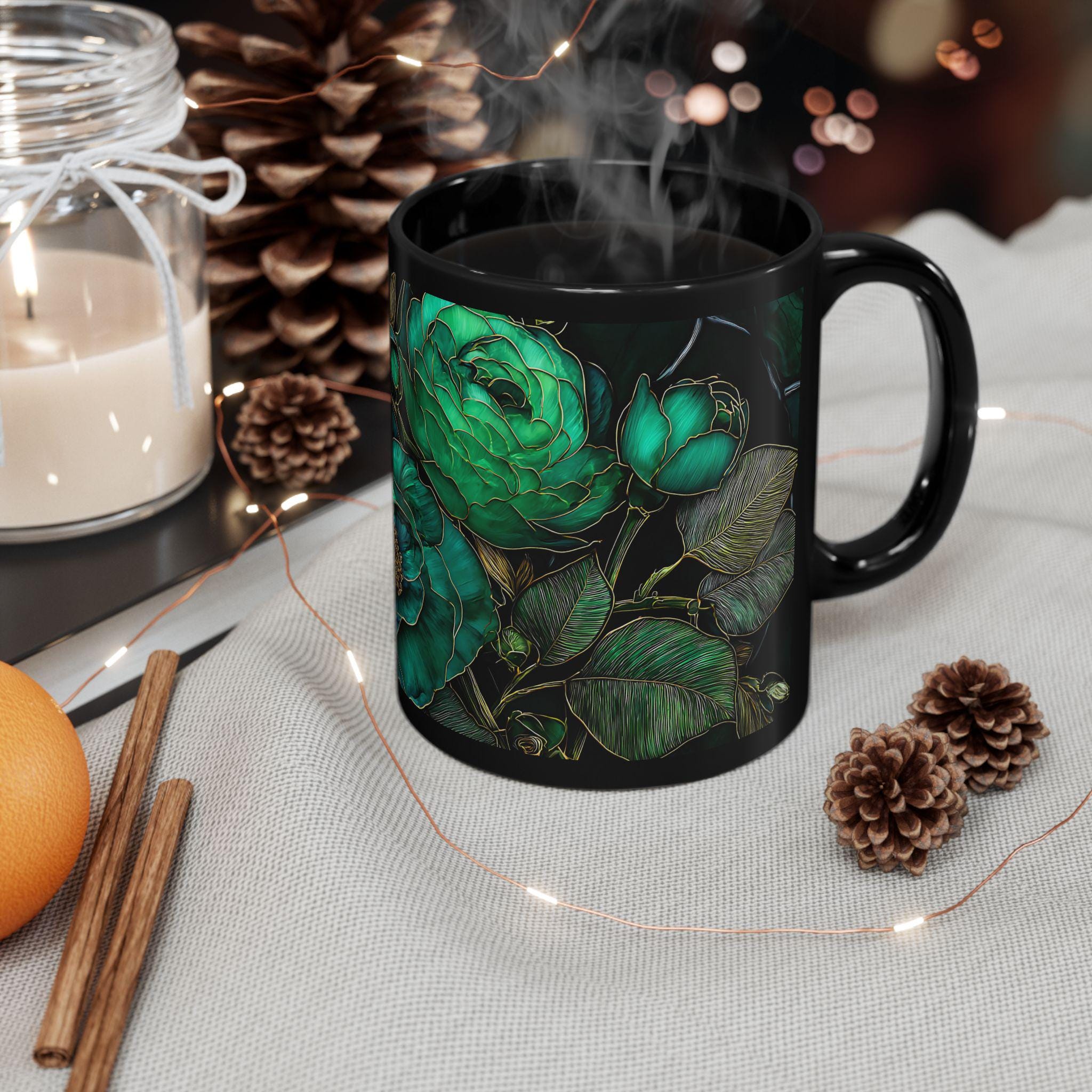 Dark Green Floral Ceramic Mug | WSMug44