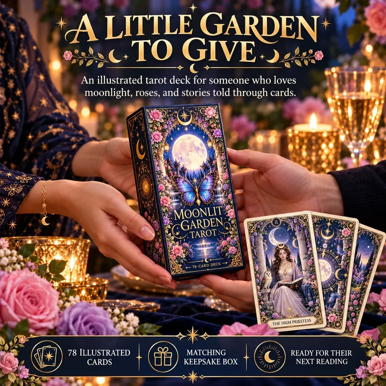 Moonlit Garden Tarot illustrated box and cards presented as a gift