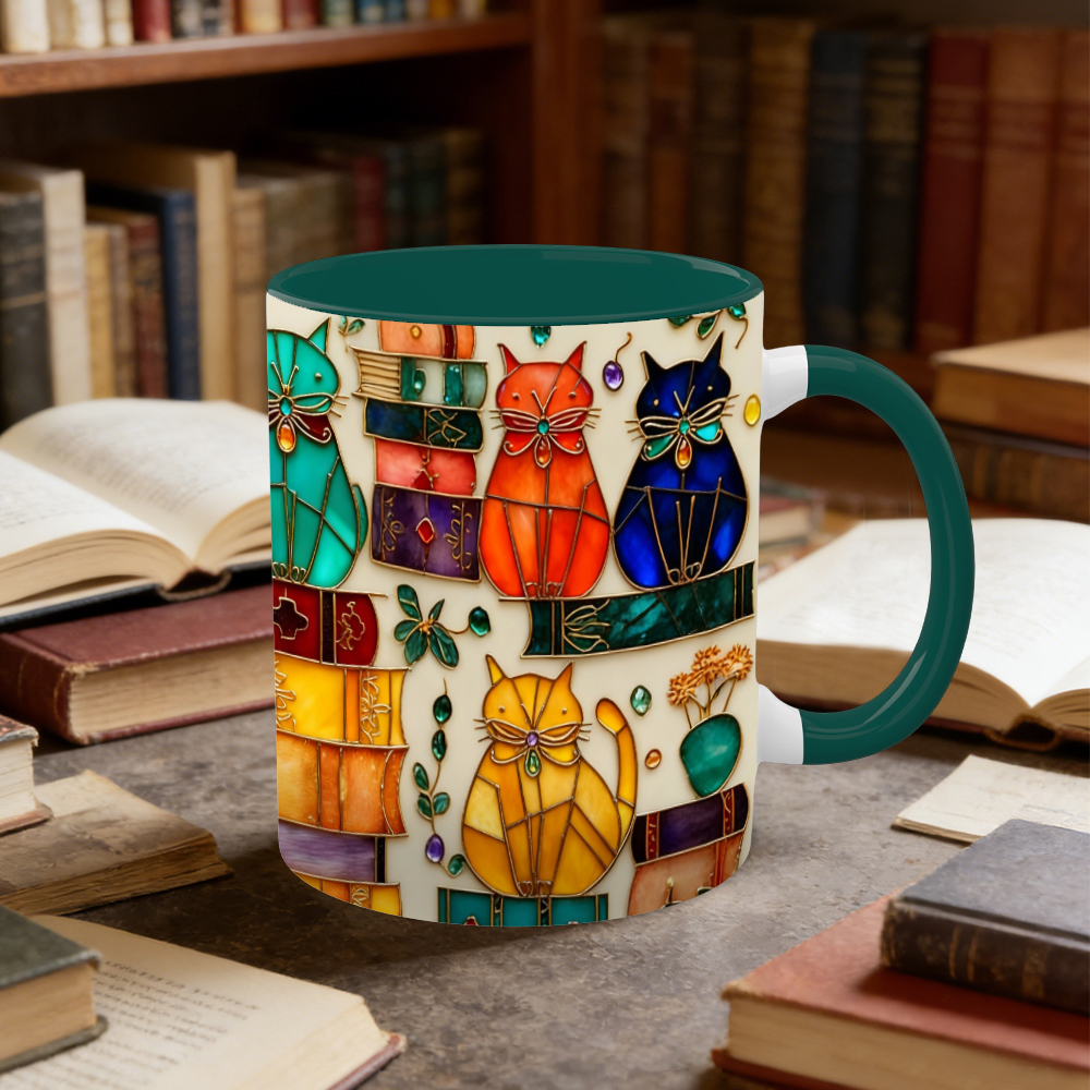 Stained Glass Look Bookish Cat Ceramic Mug | WSMug01