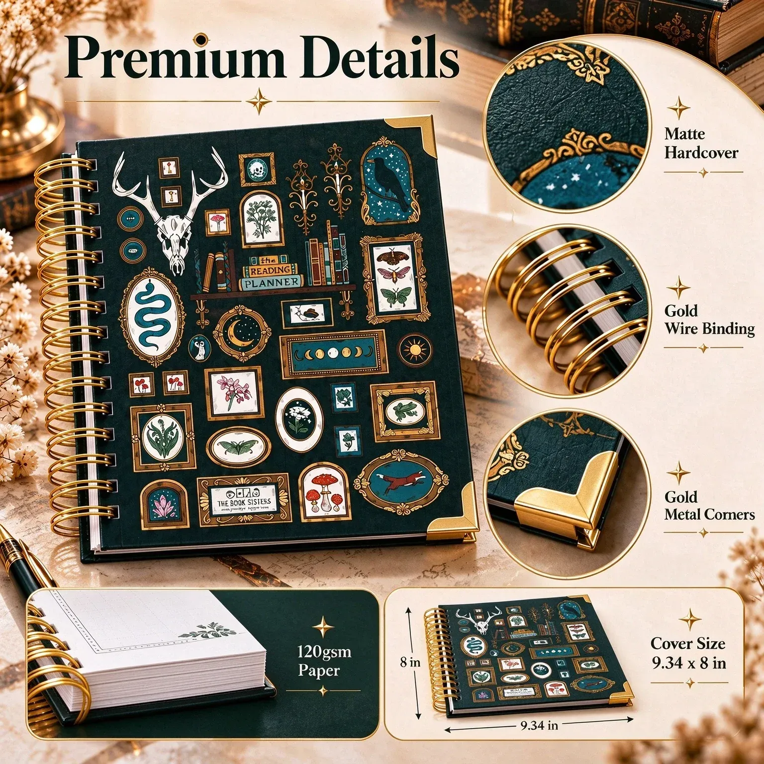 Planner gold binding, laminated tabs, and sticker sheet