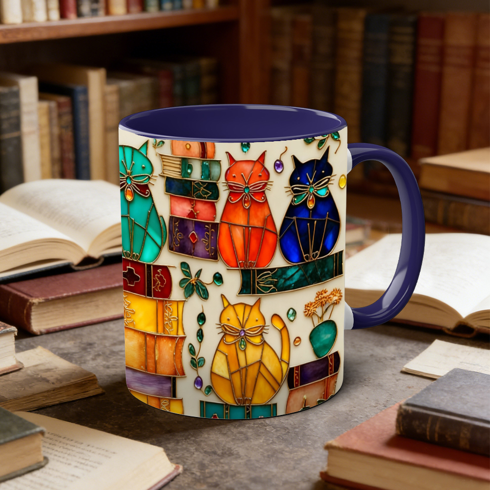 Stained Glass Look Bookish Cat Ceramic Mug | WSMug01