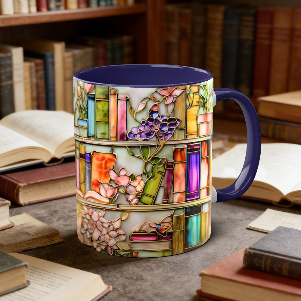 Stained Glass Look Floral Bookshelf Ceramic Mug | WSMug02