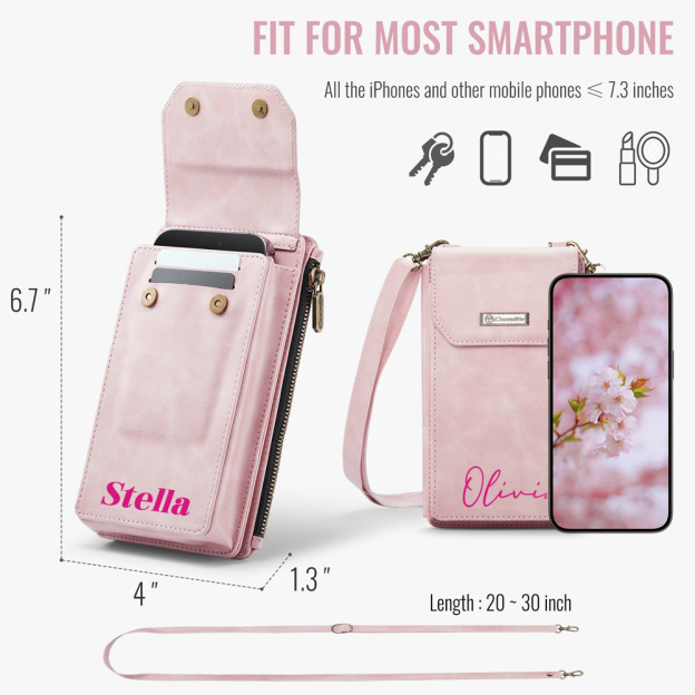 Personalized Name Crossbody Zip Card Slot Leather Phone Bags | OFBag05
