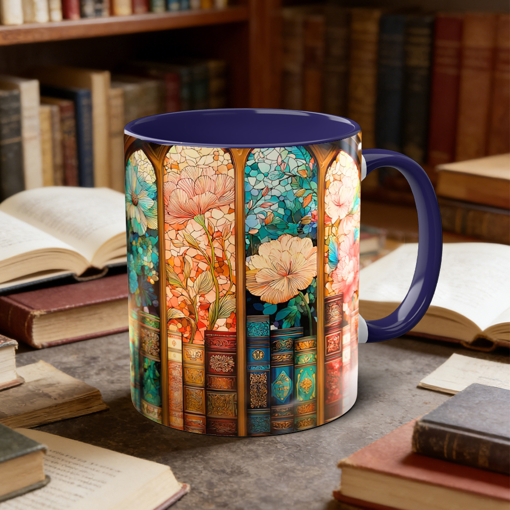 Stained Glass Look Bookshelf Floral Ceramic Mug | WSMug06