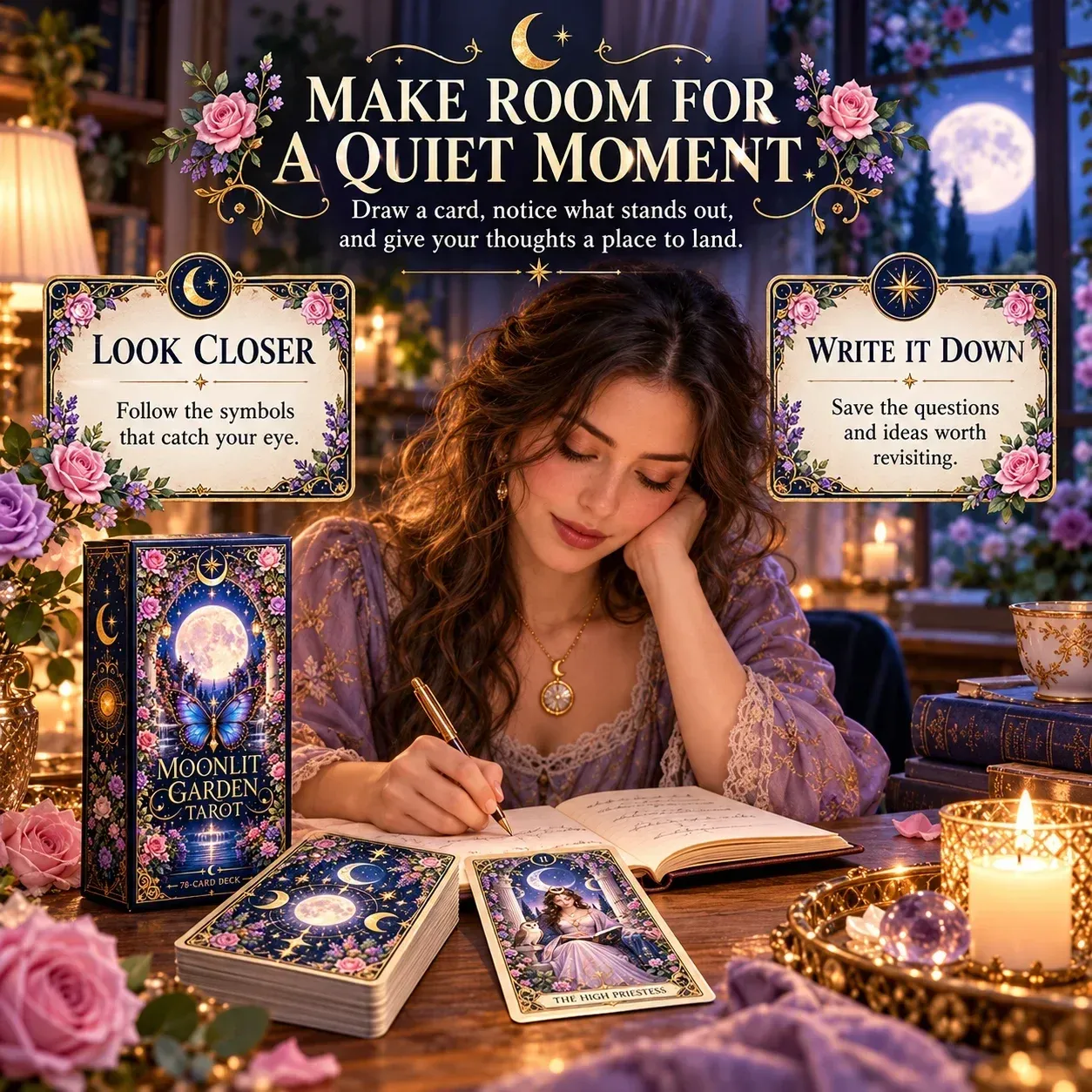 Journaling beside Moonlit Garden Tarot cards in a quiet room