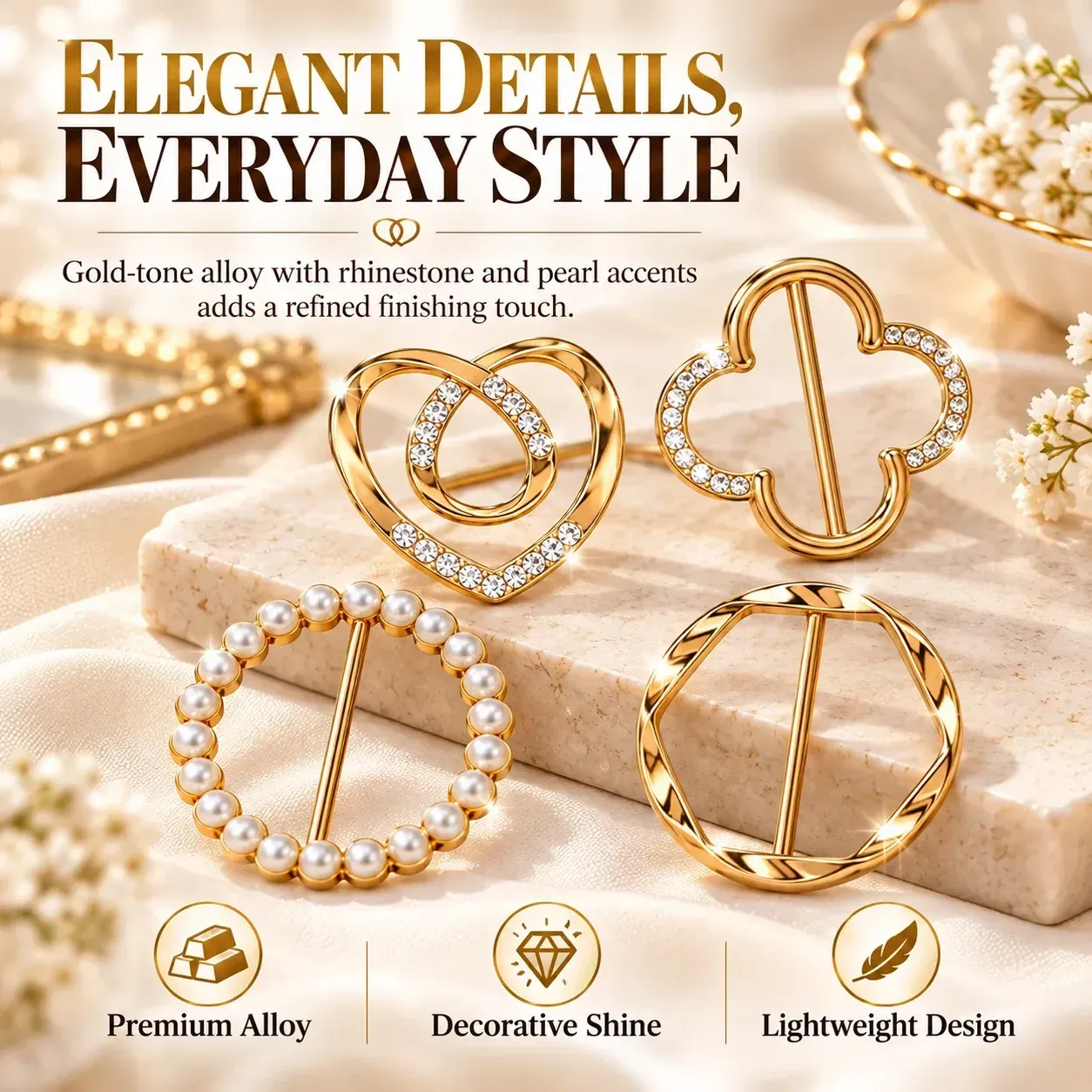Gold-tone alloy clips with rhinestone and pearl accents