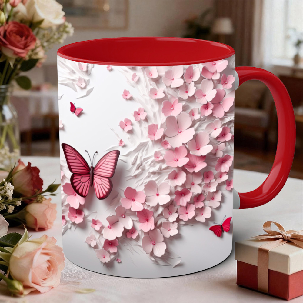 Butterfly And Pink Flower Ceramic Mug | WSMug45