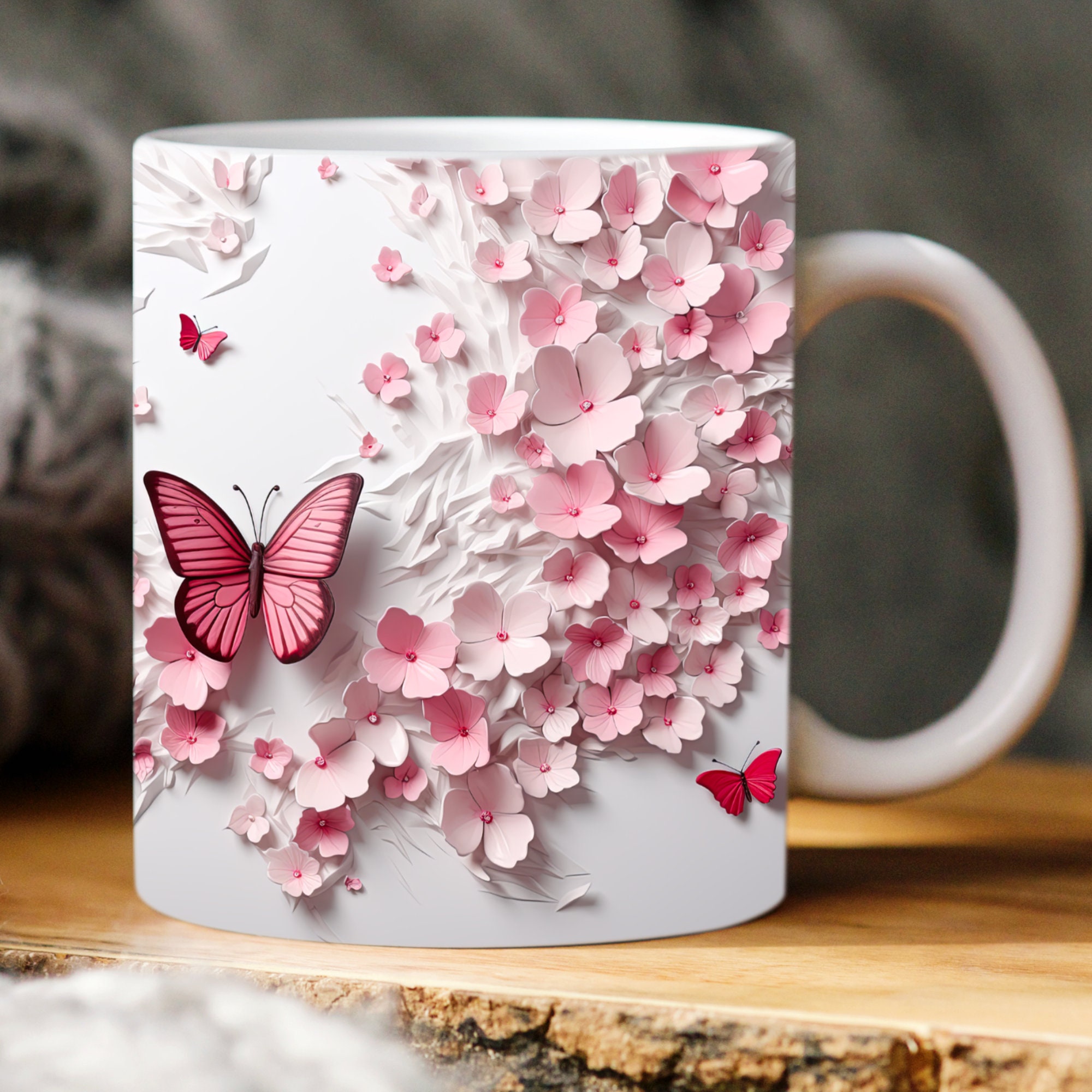 Butterfly And Pink Flower Ceramic Mug | WSMug45