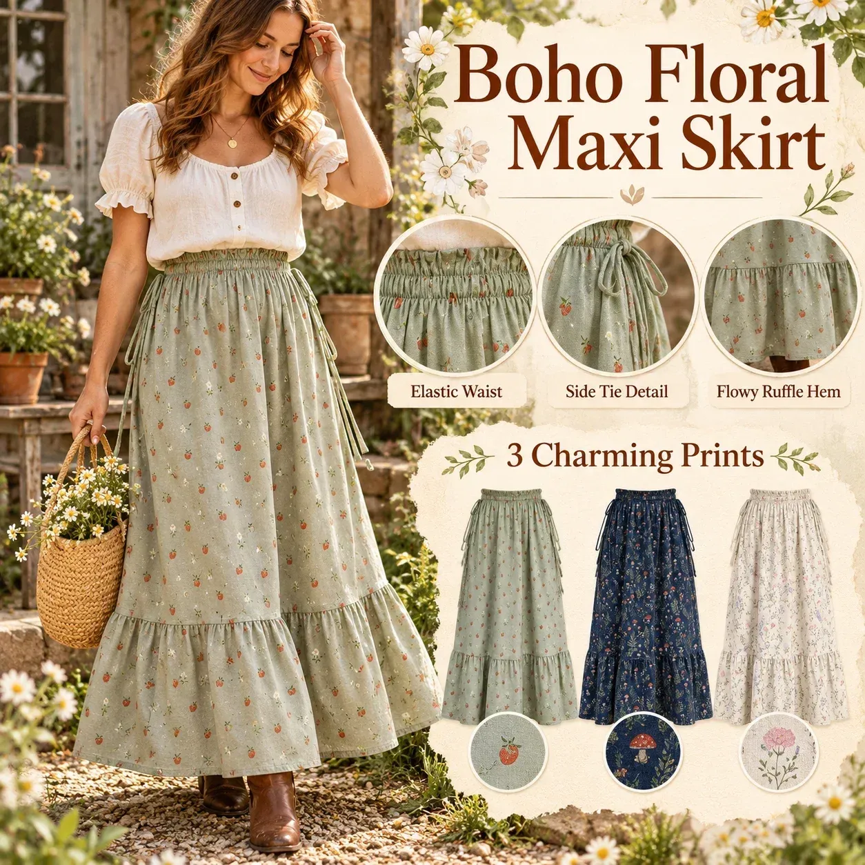 Relaxed fit floral maxi skirt with gathered elastic waistband and flowing skirt