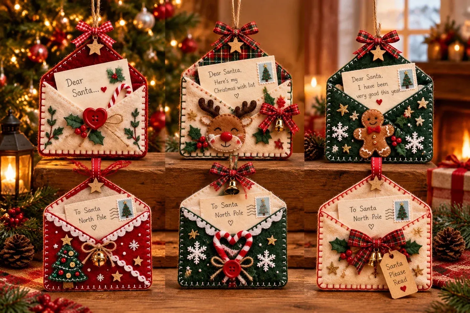Six festive ornament characters including reindeer, gingerbread and Christmas tree