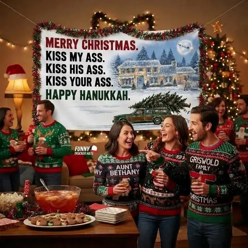 Funny Christmas quote flag displayed in a festive home setting