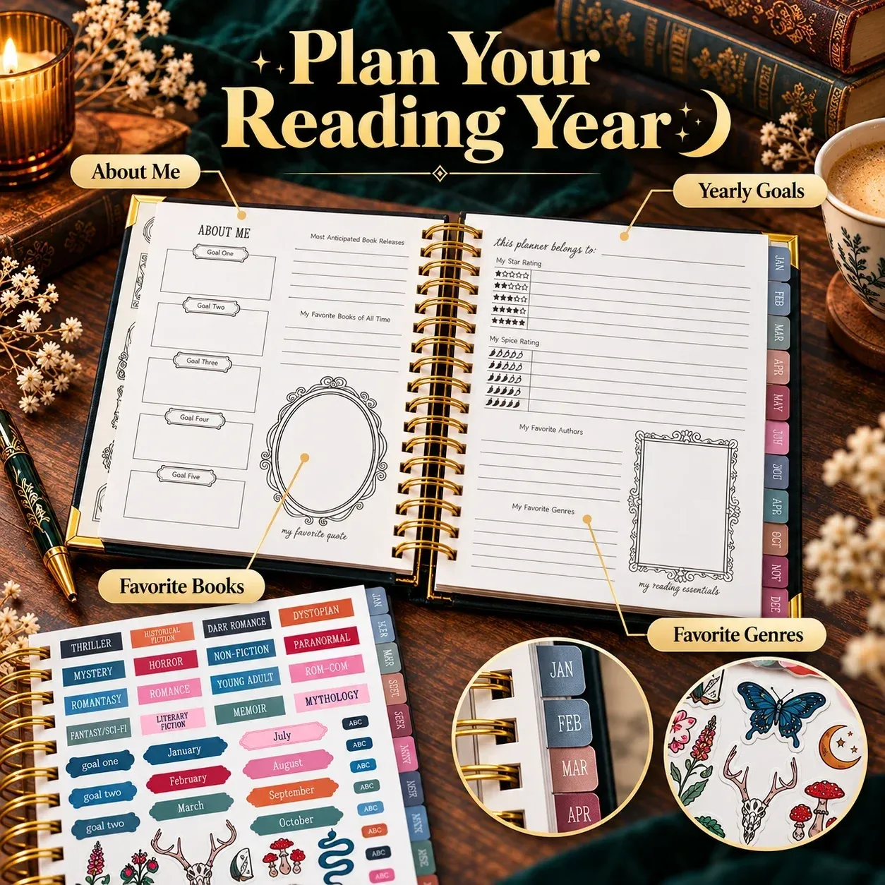 Undated monthly calendars and weekly reading planner layouts