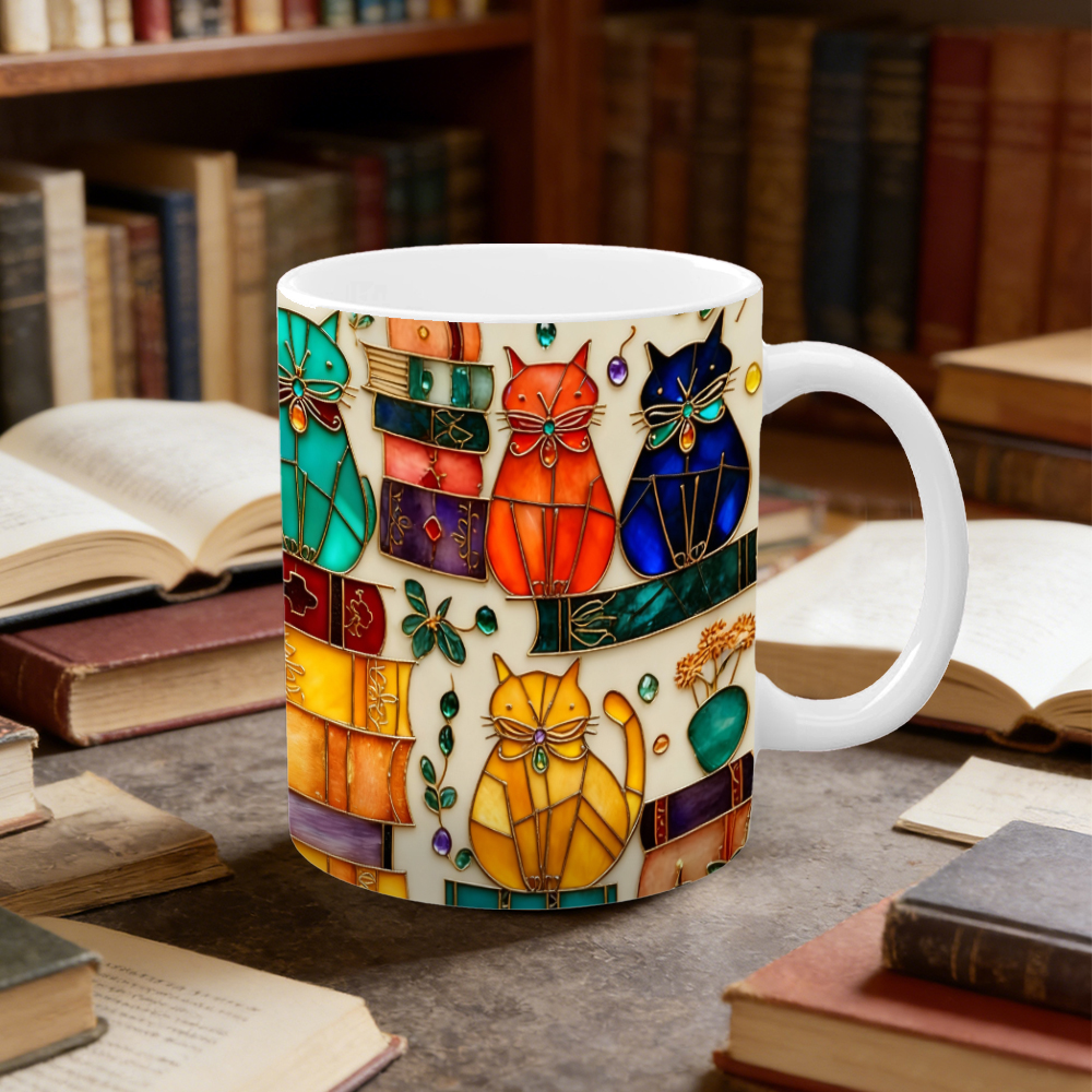 Stained Glass Look Bookish Cat Ceramic Mug | WSMug01