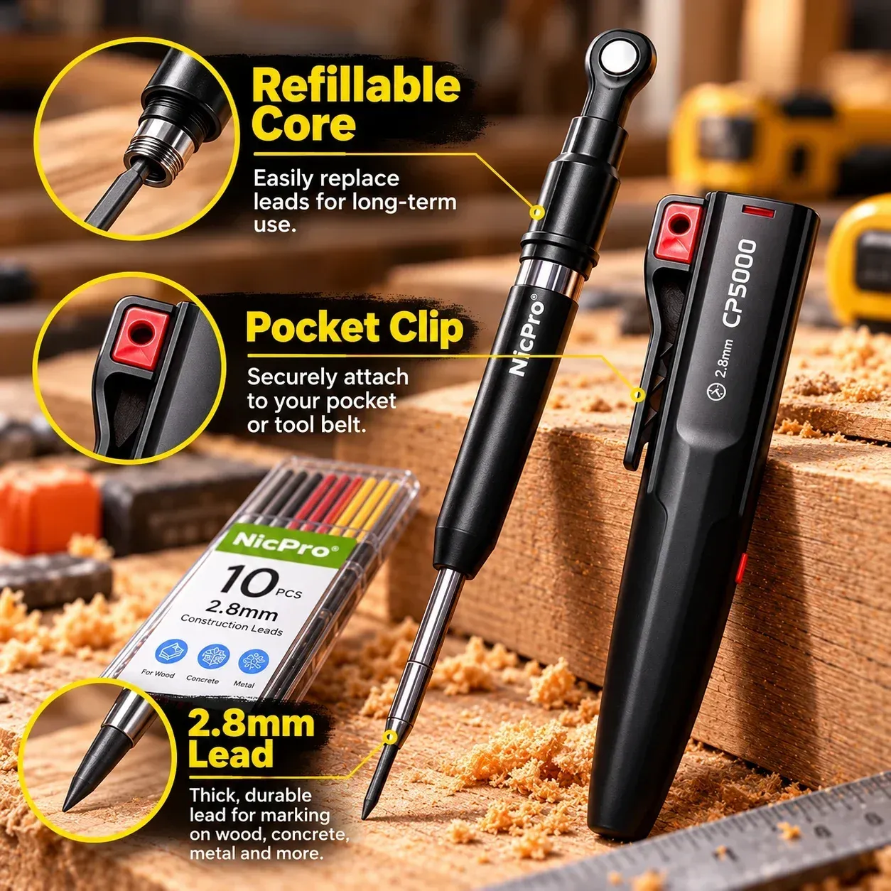 Reusable construction pencil with extended metal tip and protective holder
