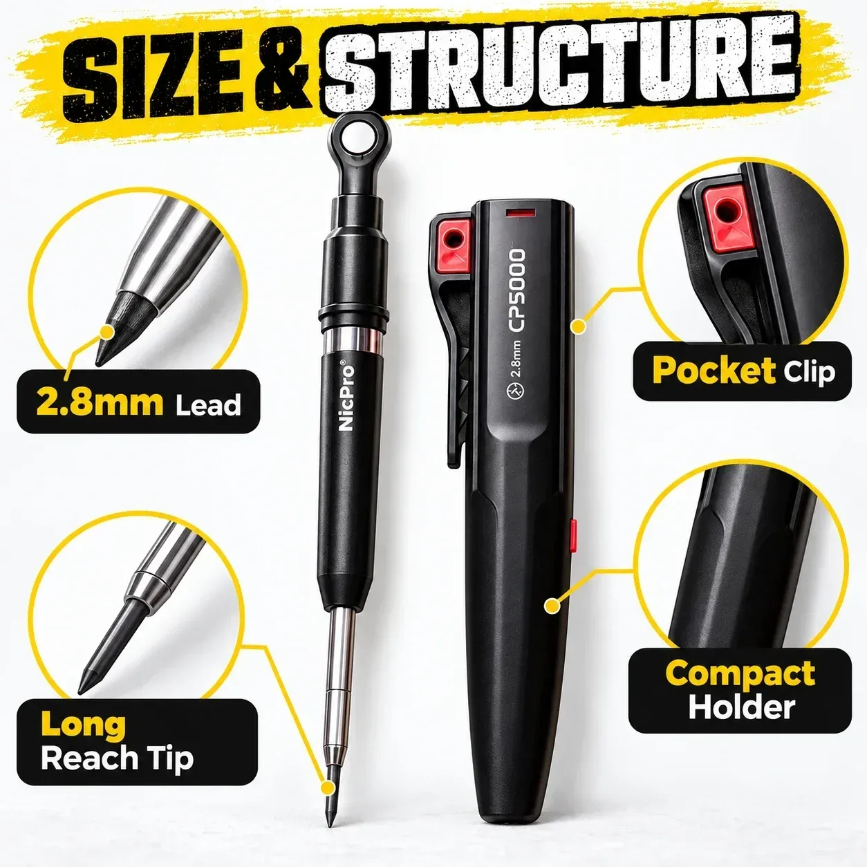 Construction pencil with protective holder and pocket clip