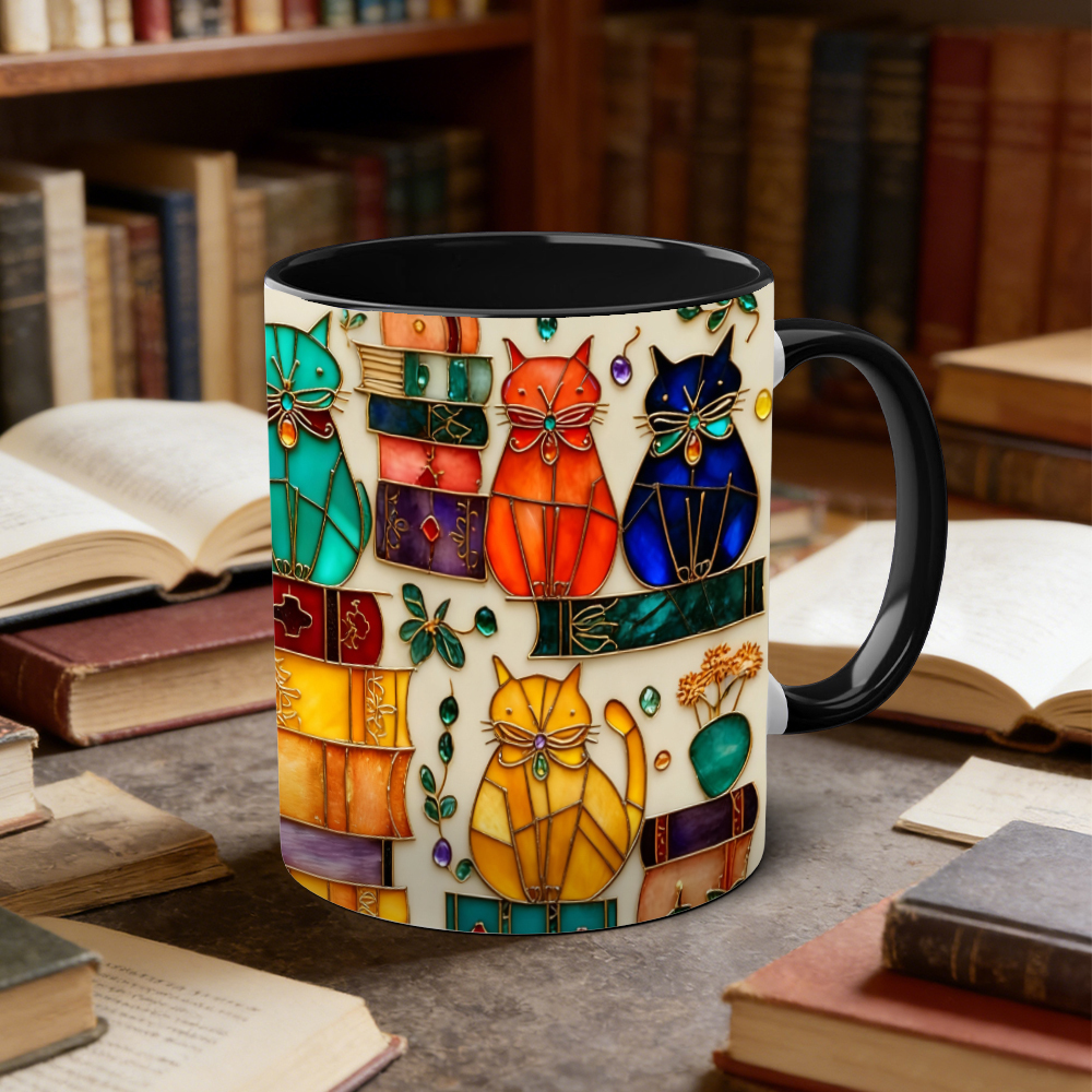 Stained Glass Look Bookish Cat Ceramic Mug | WSMug01