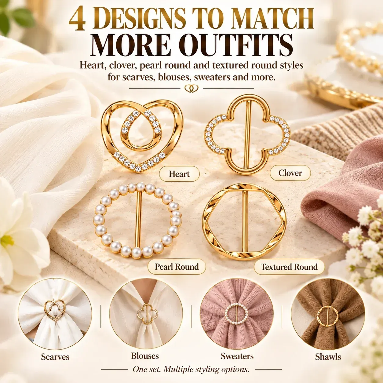 Four elegant clip designs: heart, clover, pearl round, and textured round