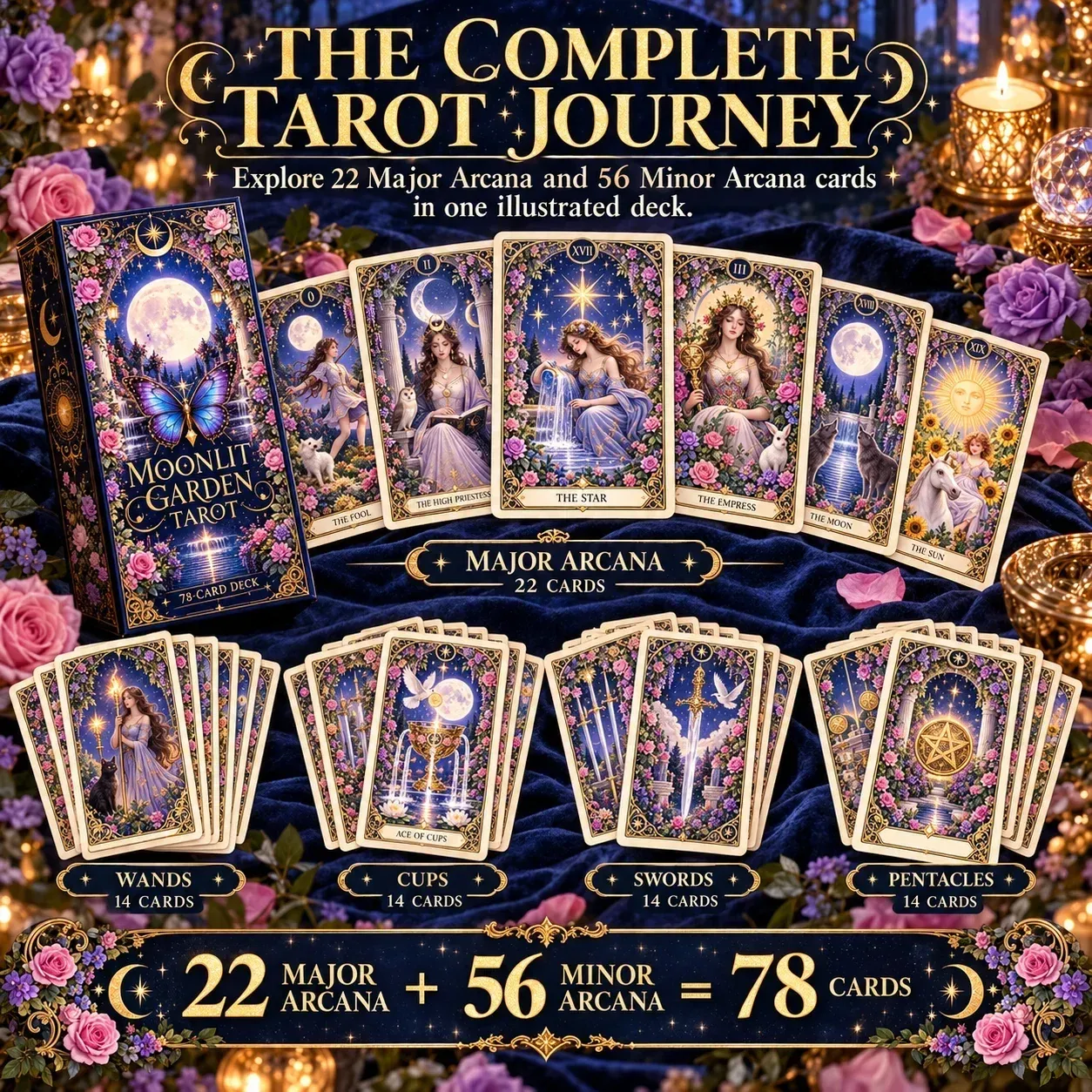 Illustrated tarot deck showing 22 Major Arcana and four 14-card Minor Arcana suits