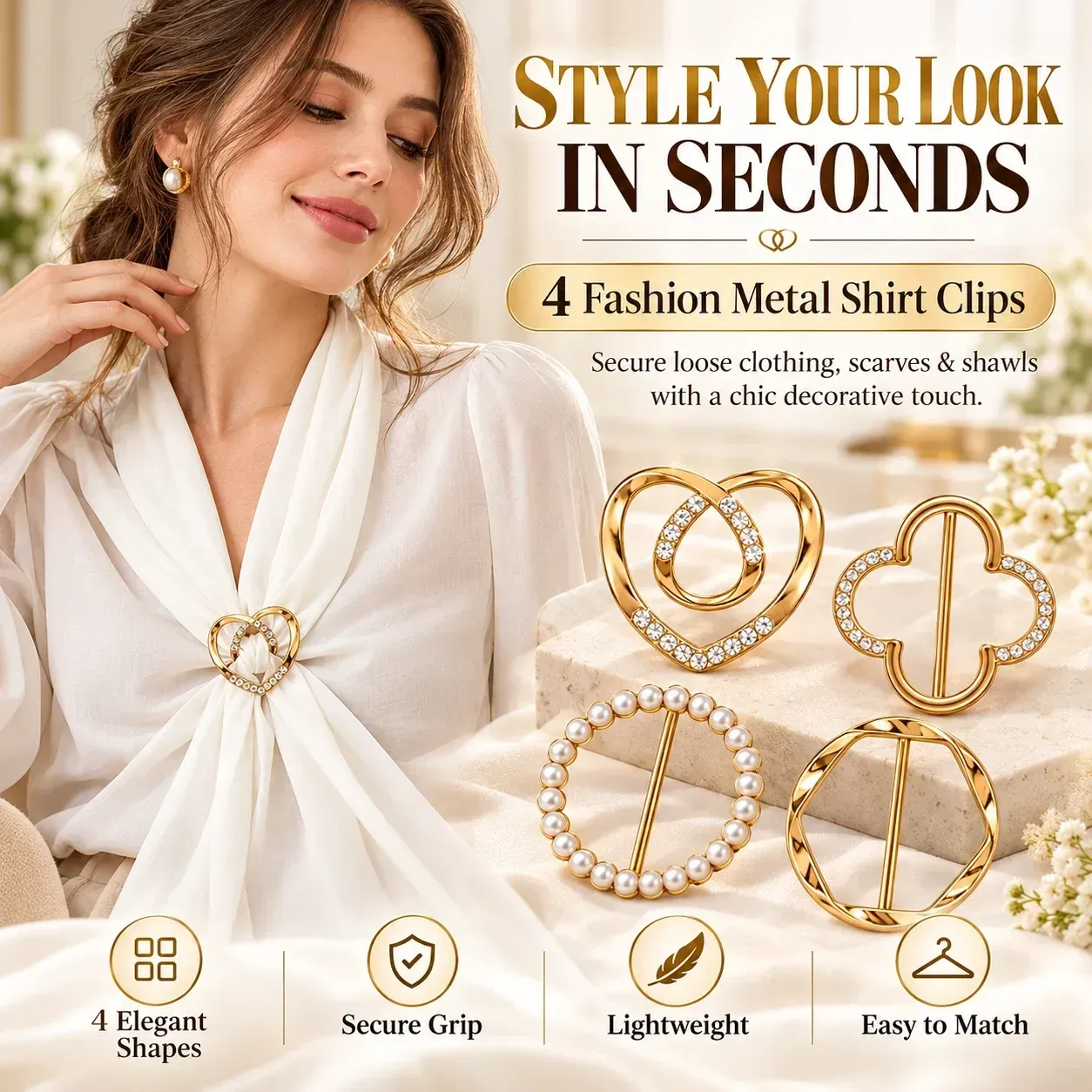 Women's fashion metal shirt clips styled on clothing