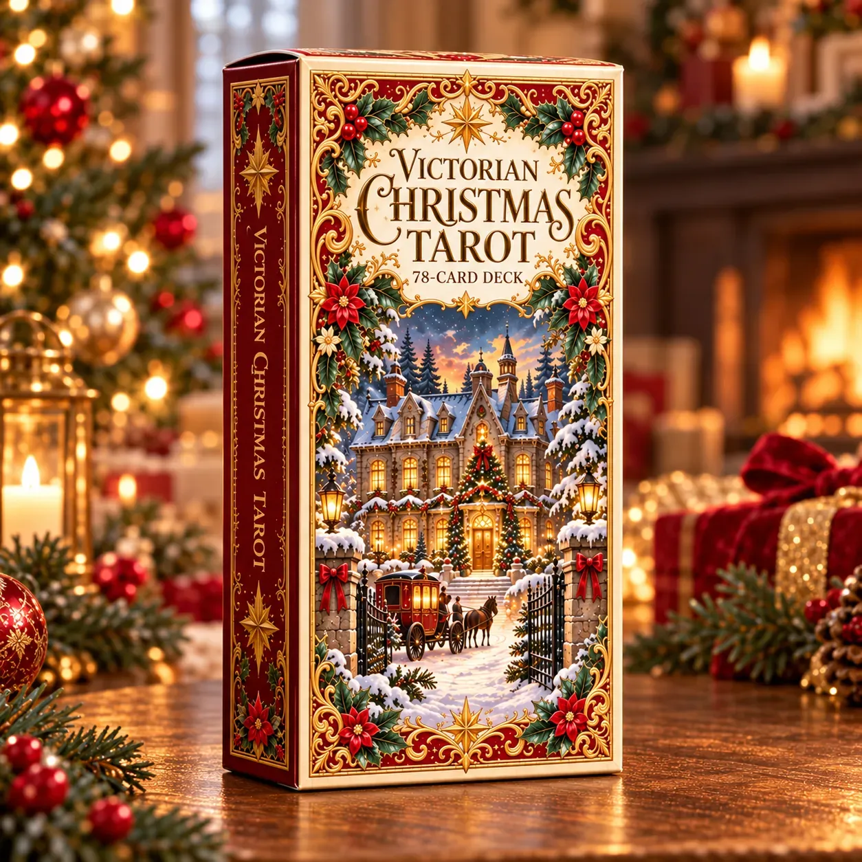 Matching illustrated tarot box and ornamental Christmas card-back design