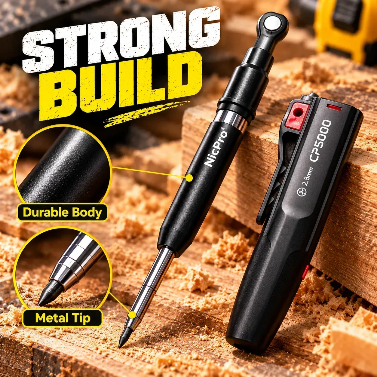 Extended metal tip designed for deep-hole construction marking