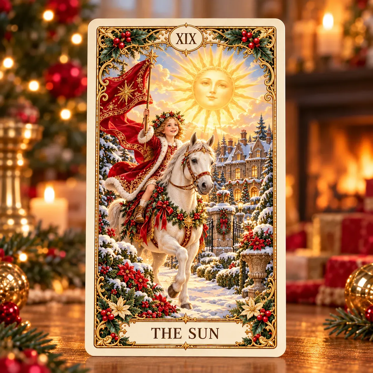 Traditional tarot themes interpreted through Victorian Christmas scenes