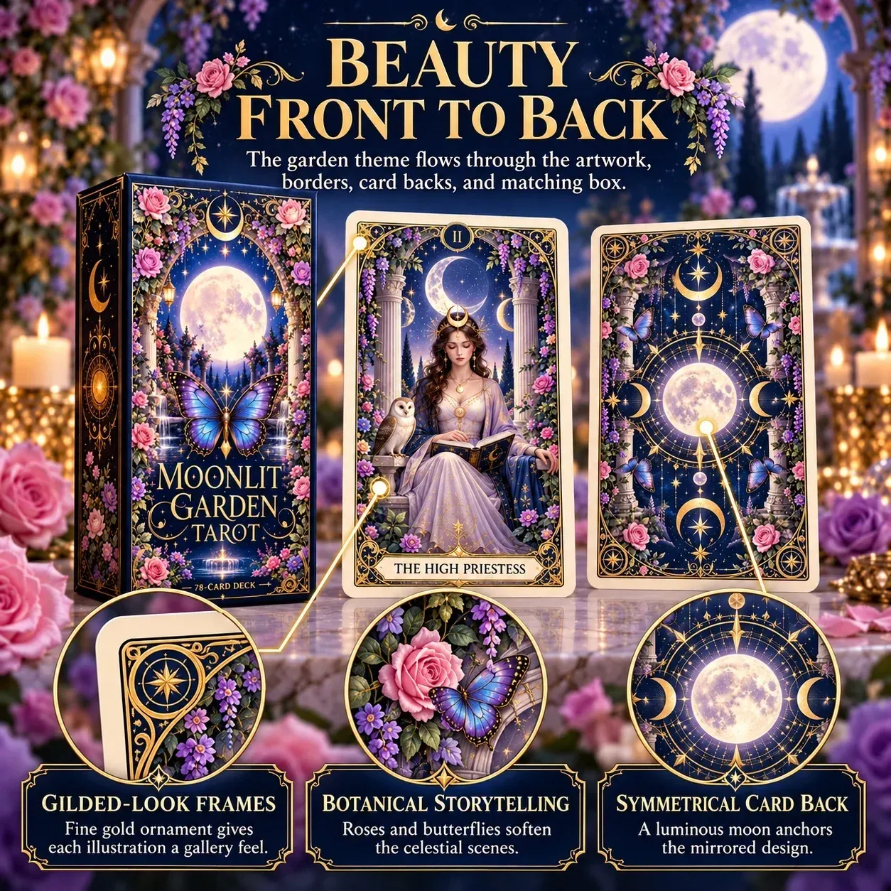 Coordinating Moonlit Garden Tarot box, ornate card face and symmetrical moon card back