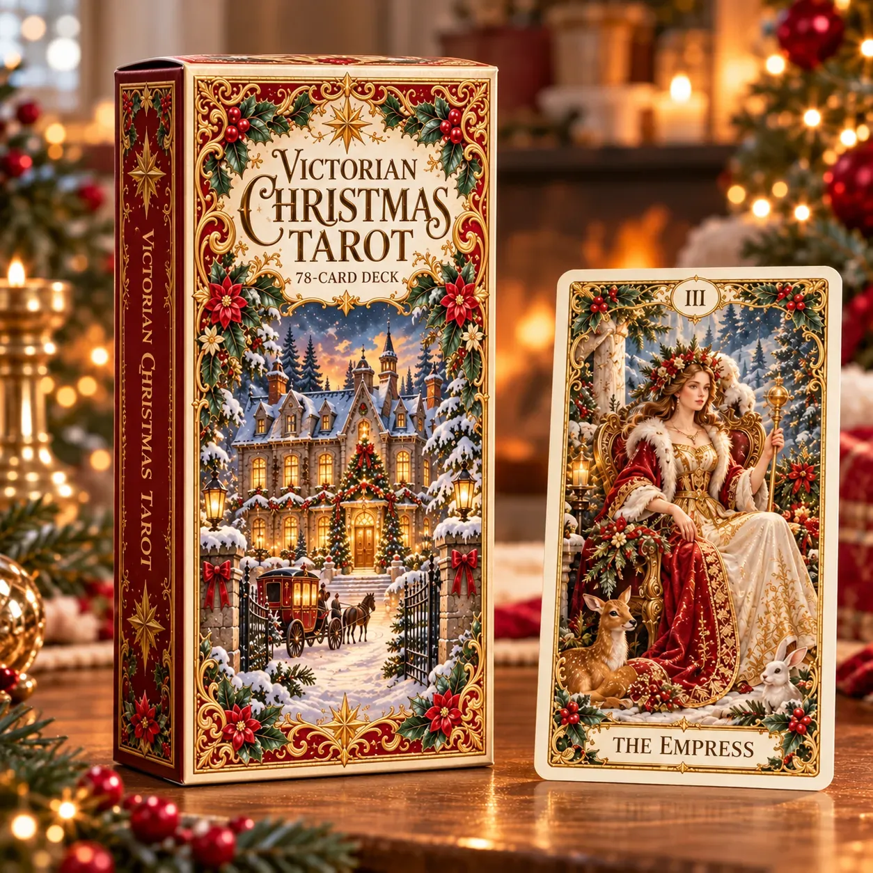 Victorian Christmas Tarot deck with festive vintage-inspired artwork
