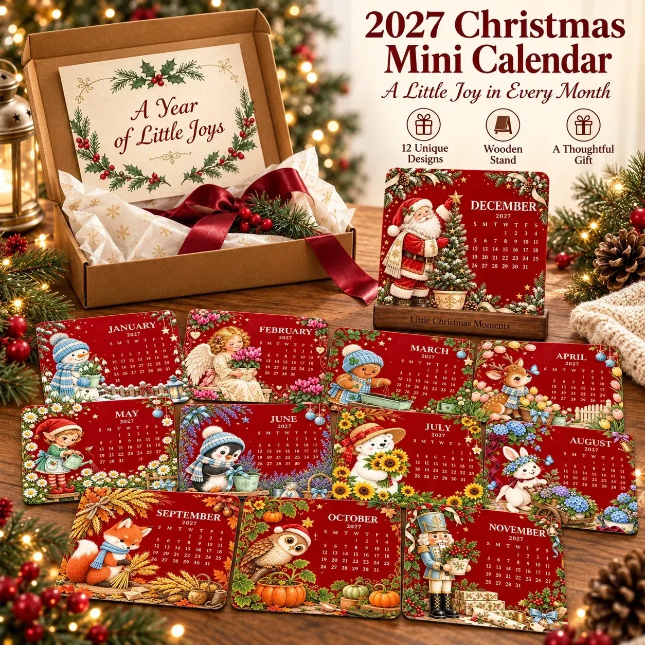 Engraved wooden stand holding the vintage watercolor calendar card
