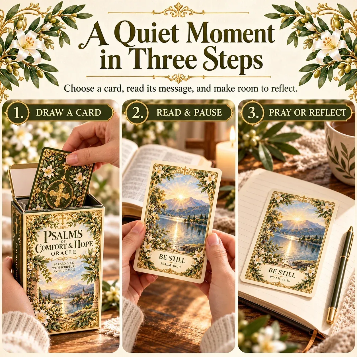 Three illustrated steps: draw a card, read and pause, pray or reflect