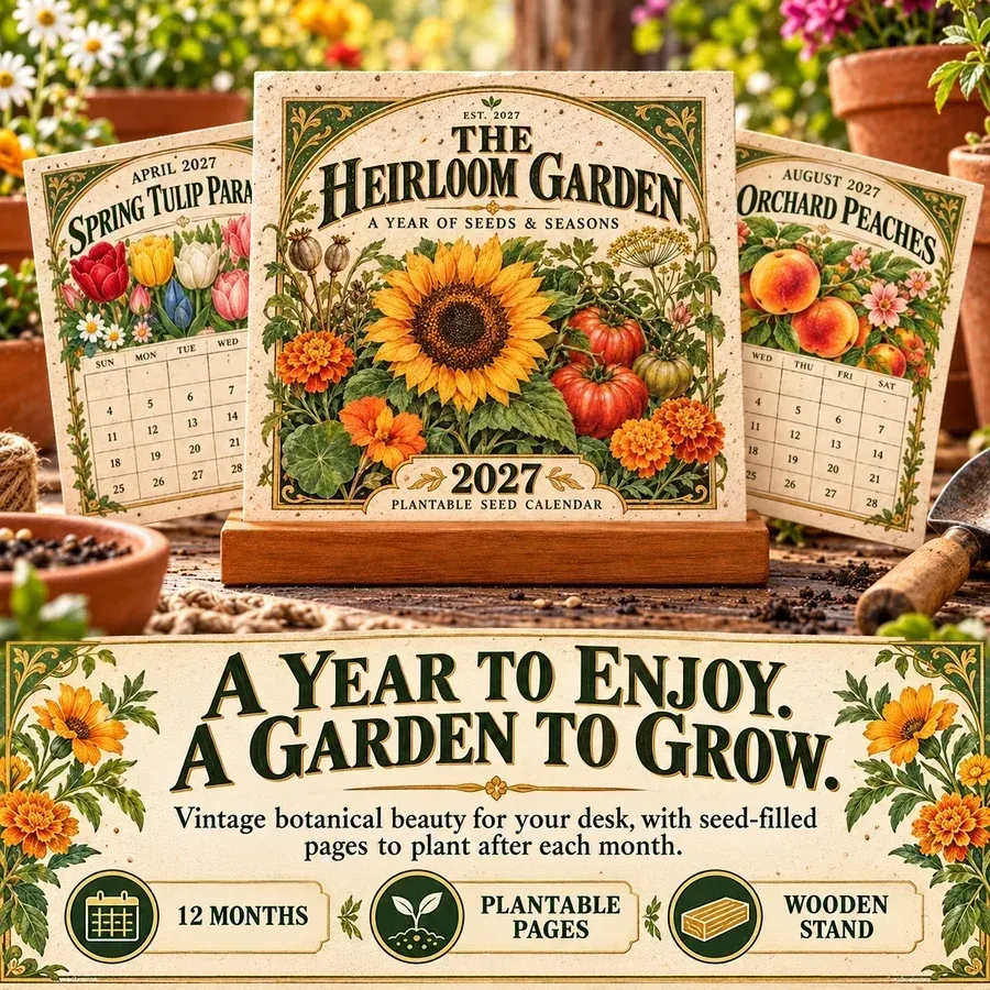 2027 Heirloom Garden plantable seed calendar displayed with botanical artwork and wooden stand