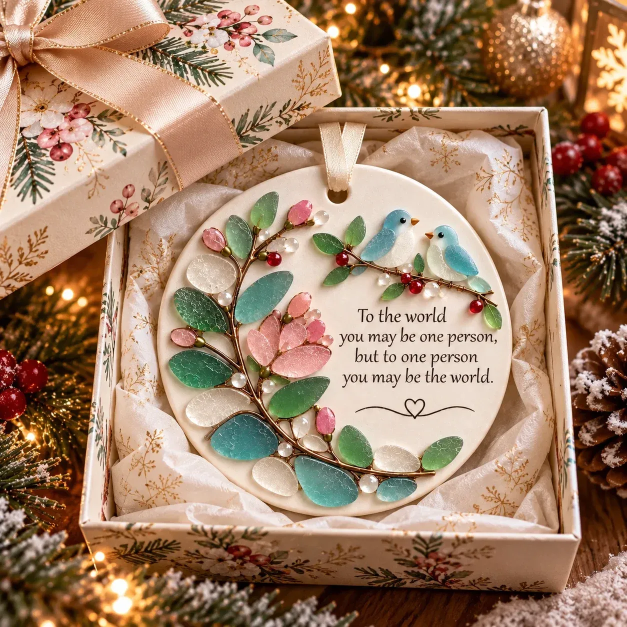 Love Birds Friendship Ornament hanging in a cozy home setting