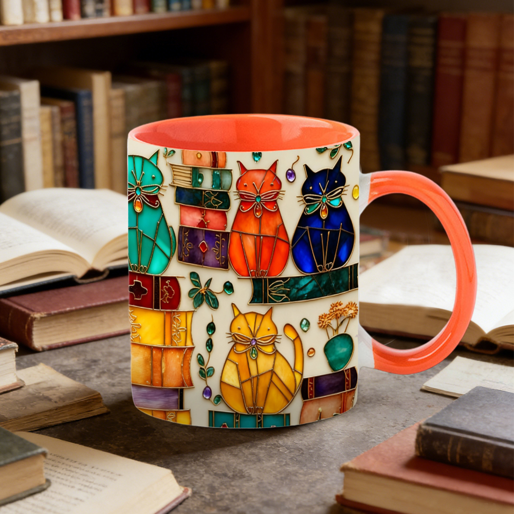 Stained Glass Look Bookish Cat Ceramic Mug | WSMug01