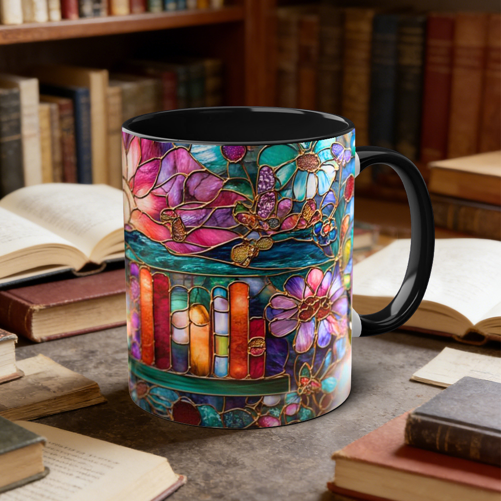 Stained Glass Look Bookshelf Floral Ceramic Mug | WSMug05