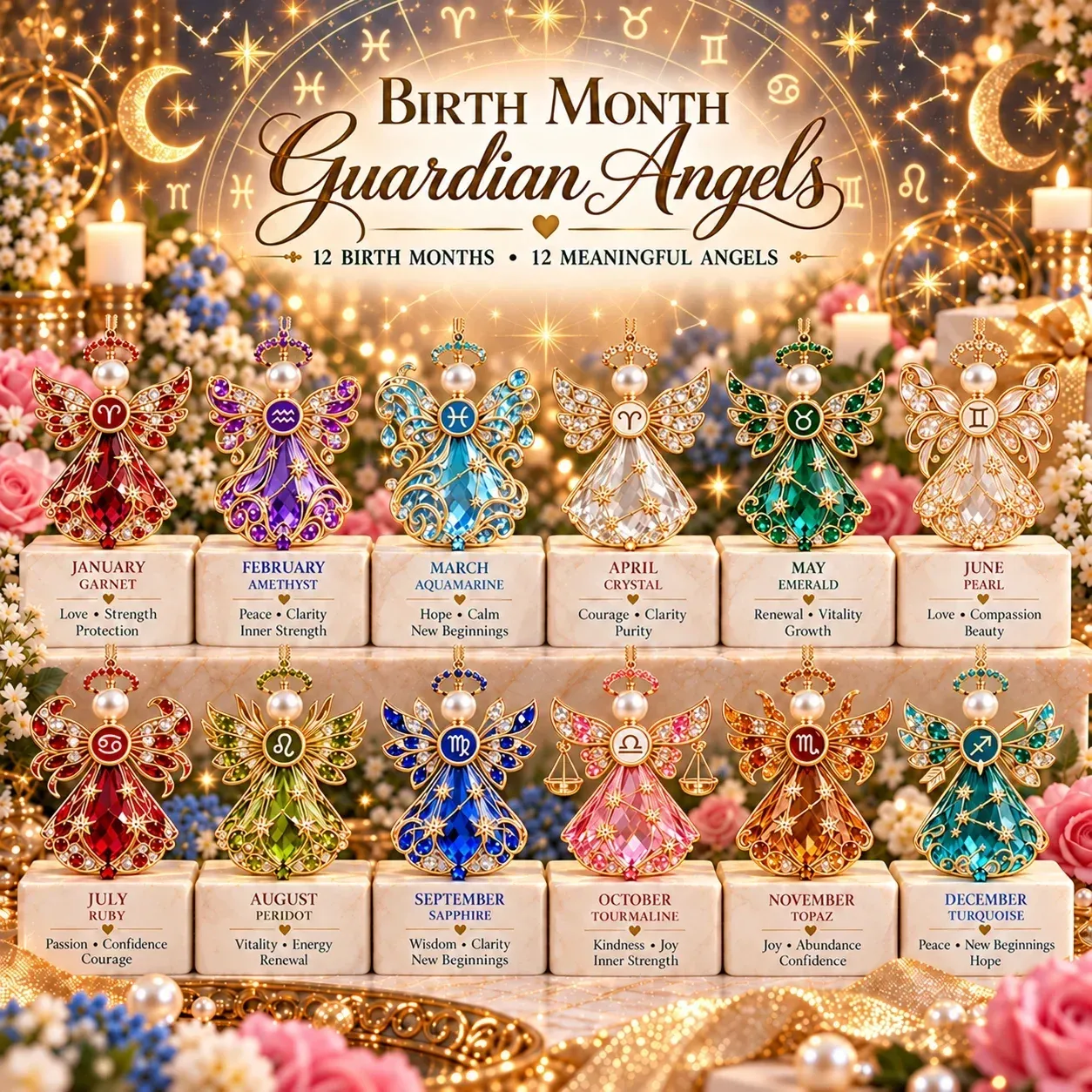 Full collection of twelve zodiac keepsake styles in jewel tones