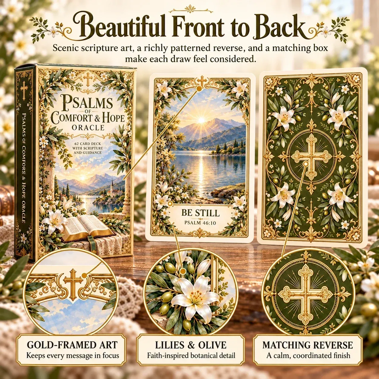 Illustrated card front, olive-green back with cross and lilies, and matching box
