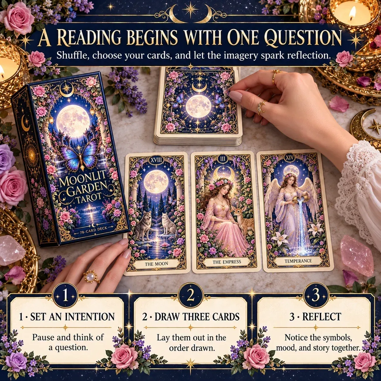 Three-card tarot reading with Moonlit Garden cards and simple reading prompts