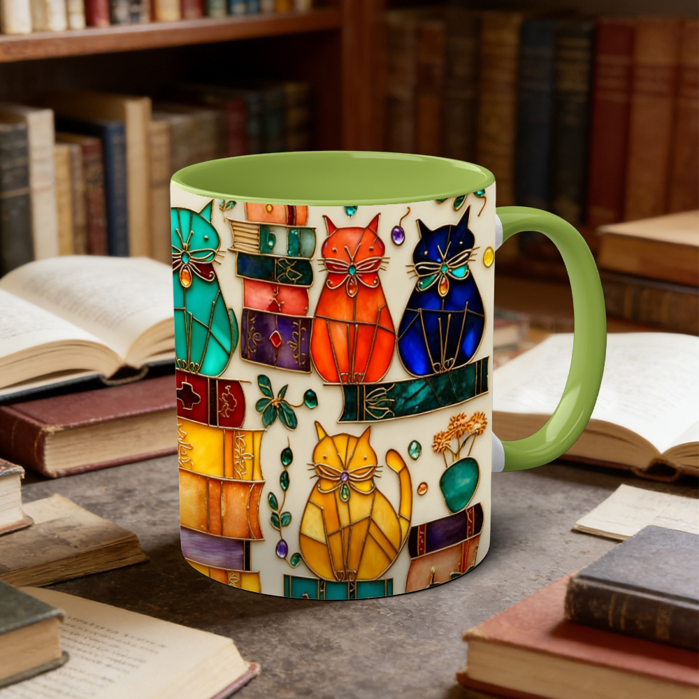 Stained Glass Look Bookish Cat Ceramic Mug | WSMug01