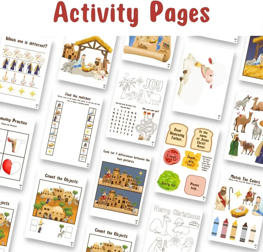 Christmas-themed activity pages for children