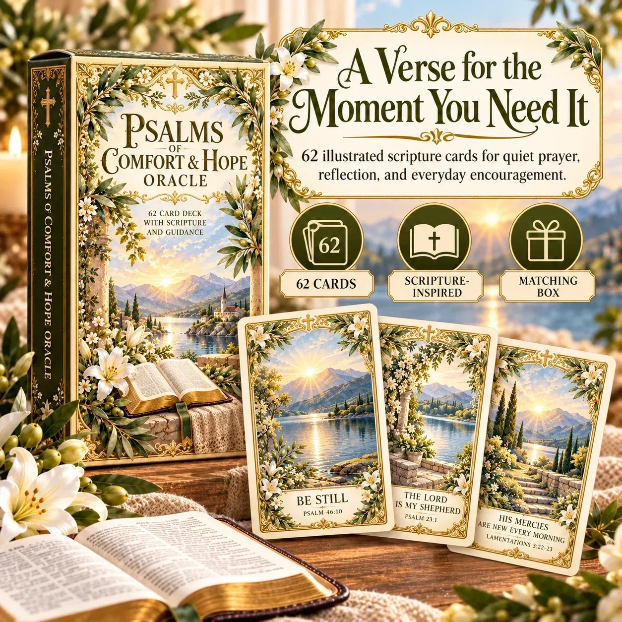 Psalms of Comfort and Hope deck, illustrated cards, and matching box