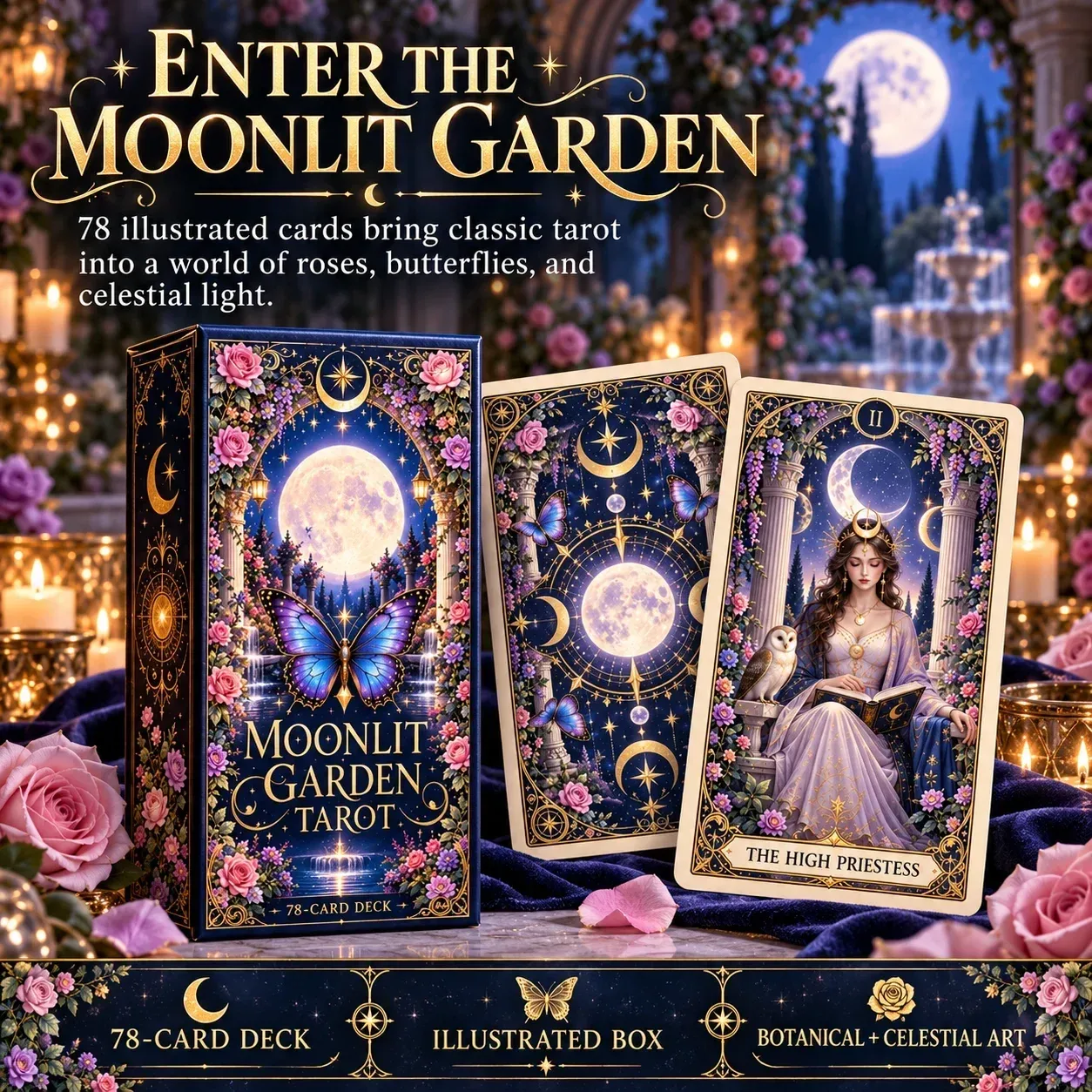 Moonlit Garden Tarot 78-card deck, illustrated box, card back and High Priestess card
