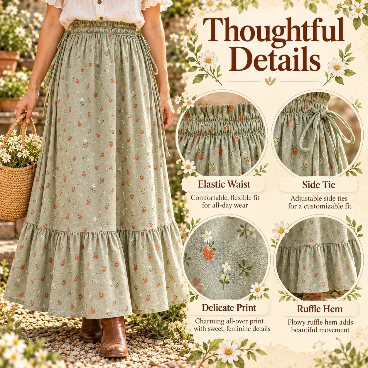 Close-up of the floral and woodland-inspired print, ruffled hem and side tie details