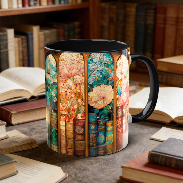 Stained Glass Look Bookshelf Floral Ceramic Mug | WSMug06