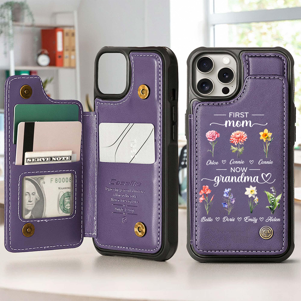 Personalized First Mom Now Grandma Leather Wallet Phone Case