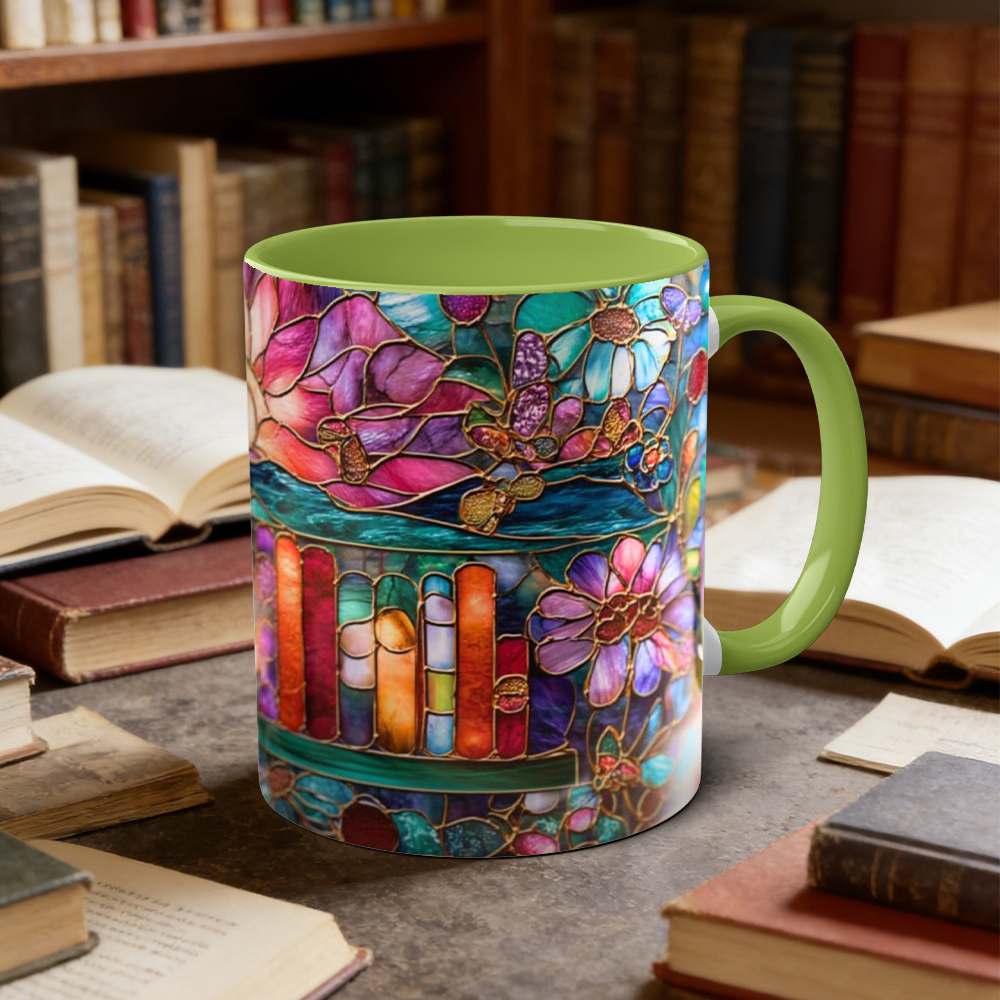 Stained Glass Look Bookshelf Floral Ceramic Mug | WSMug05