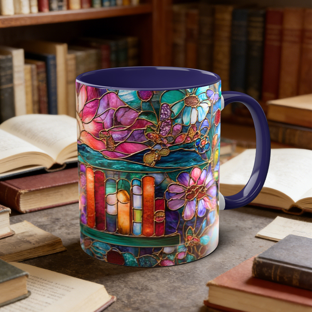 Stained Glass Look Bookshelf Floral Ceramic Mug | WSMug05
