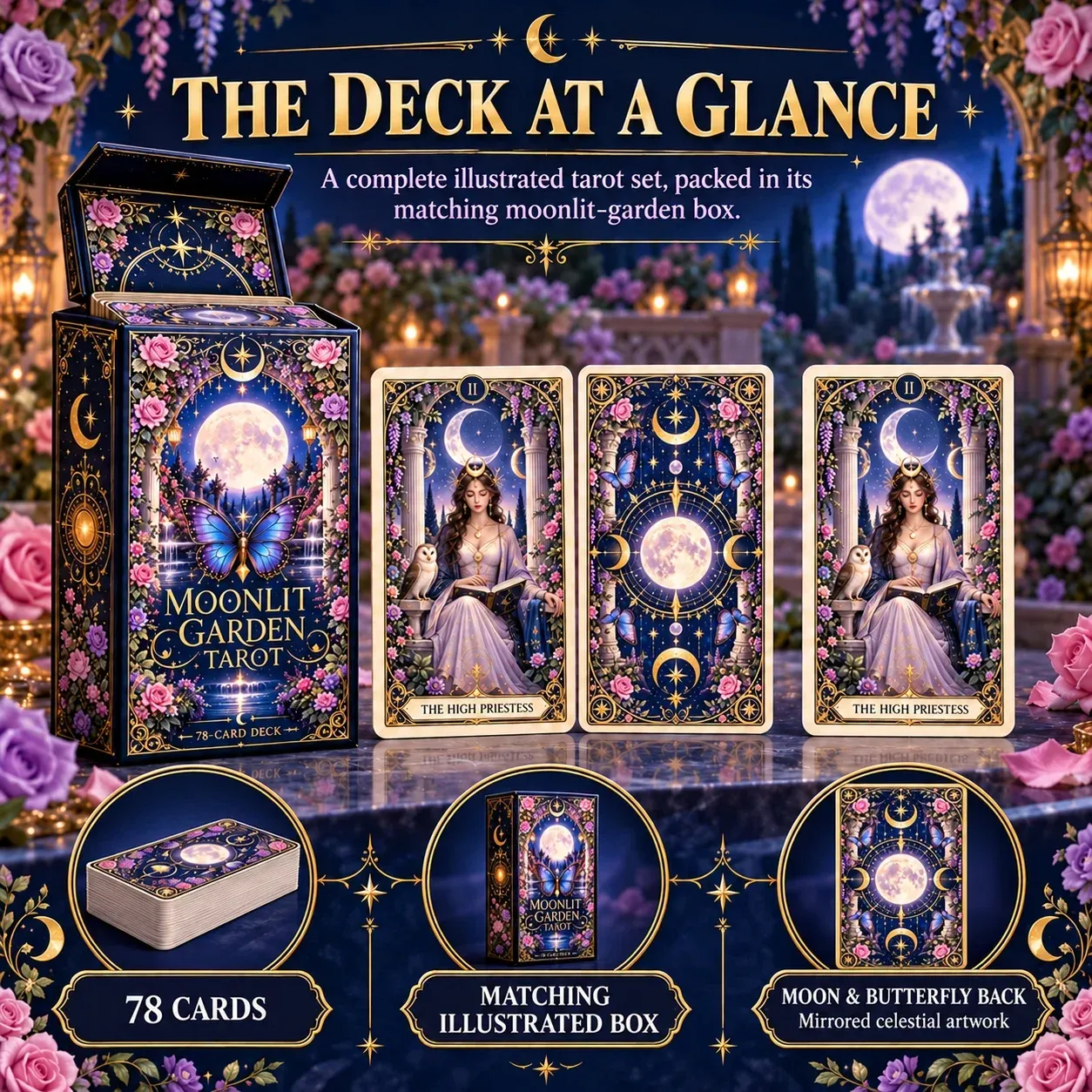 Moonlit Garden Tarot set with 78 cards, matching illustrated box and moon-and-butterfly card back