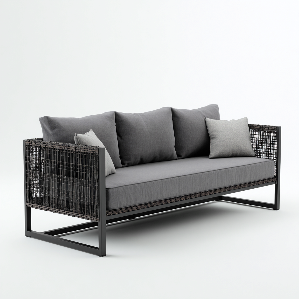 Divano da esterno - metallo-rattan-tessuto - 180x85x80 cm - grigio-antracite - design moderno-Comfyilo