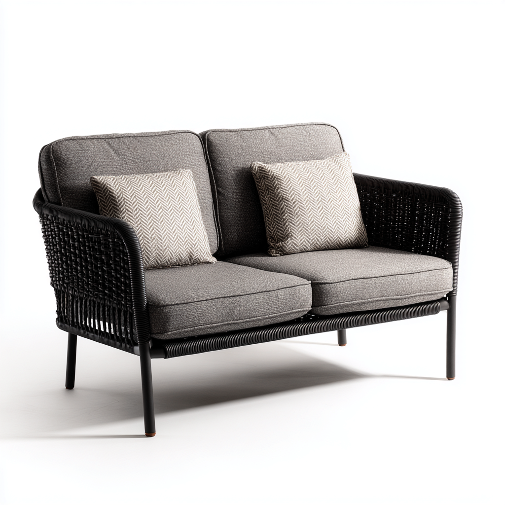 Divano da esterno - rattan-metallo-tessuto - 140x80x85 cm - grigio-nero - design moderno-Comfyilo