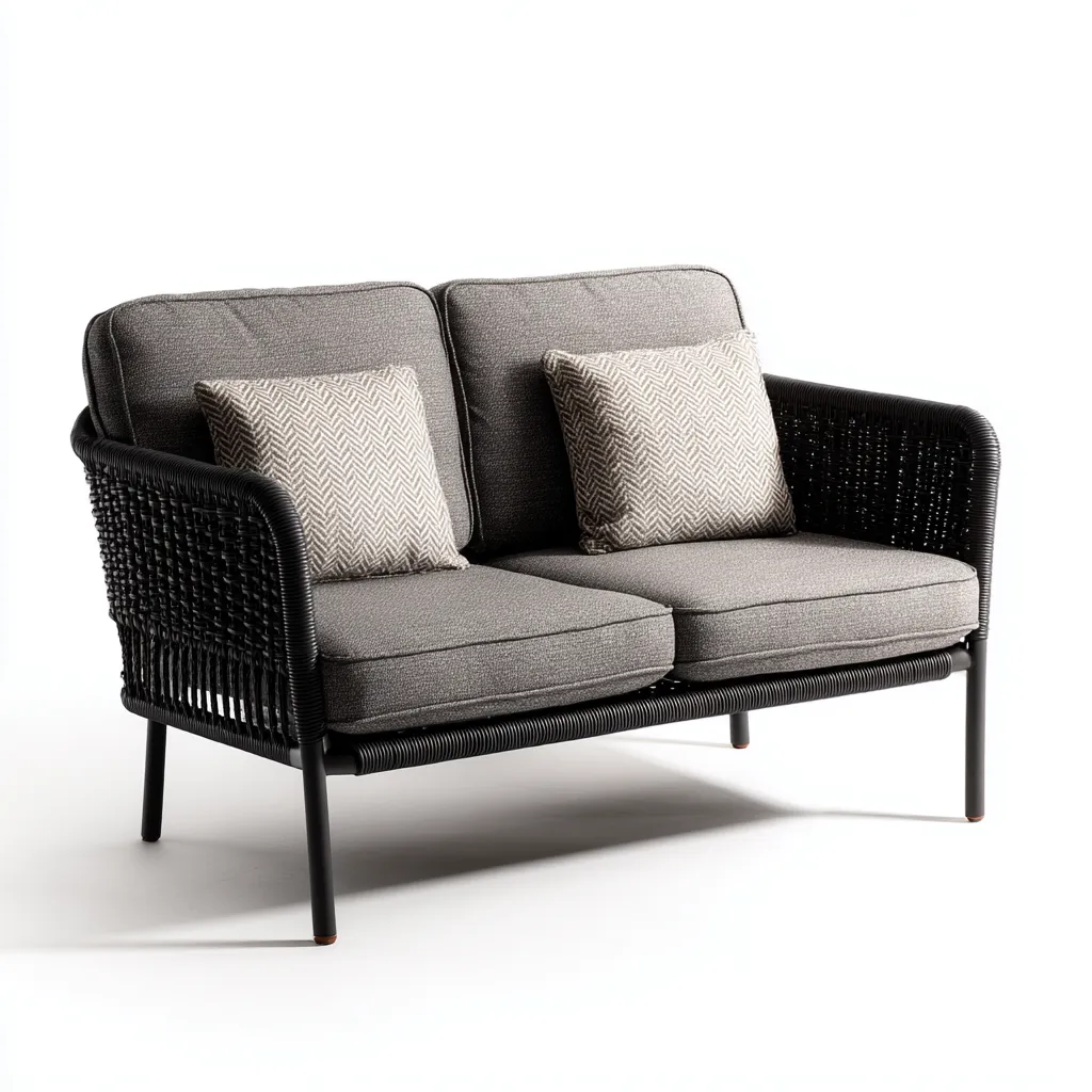 Divano da esterno - rattan-metallo-tessuto - 140x80x85 cm - grigio-nero - design moderno-Comfyilo